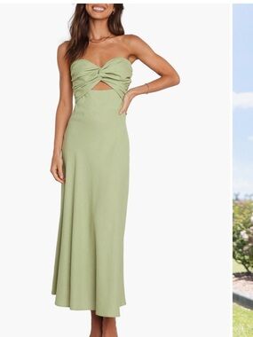 Petal & Pup Strapless Twist-Front Midi Dress in Sage